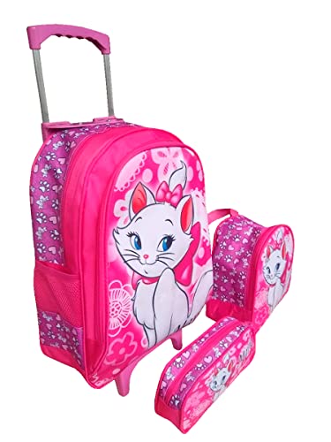 Mochila Infantil com Rodinhas Gata Marrie + Lancheira Térmica + Estojo Escolar