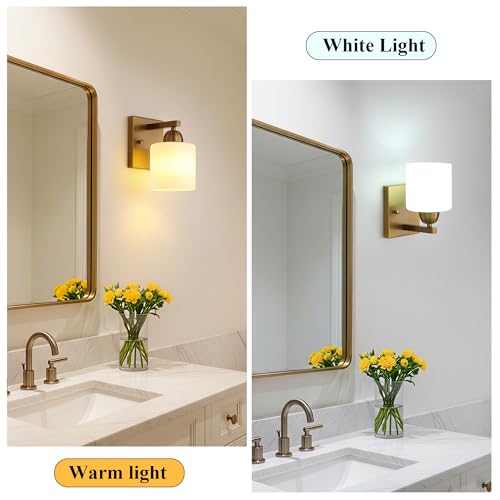 Image of Mecgirn Brass Milk Glass Wall Sconces, 1 Pack Hardwired Indoor Wall Light Fixtures for Living Room, Hallway, Bedroom, Ceramic E26 Sockets (Bulbs Not Included)