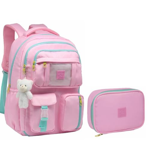 Kit Mochila Feminina Juvenil Escolar Com Estojo E Chaveiro Urso Abertura 180° (Rosa)