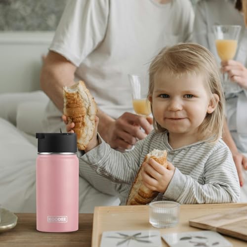 Image of koodee 12 oz Stainless Steel Water Bottle, Double Wall Vacuum Insulated Wide Mouth Flask with Wide Handle Straw Lid (Light Pink)