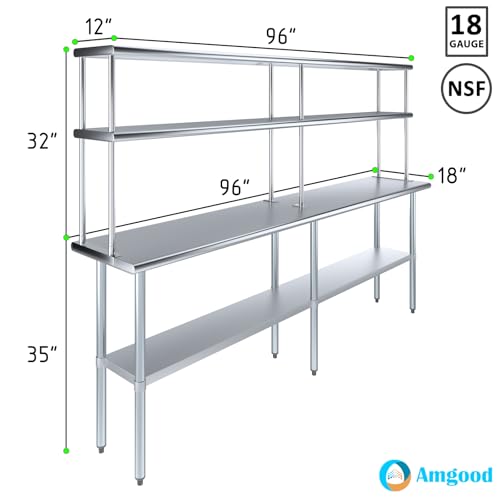 Image of AmGood Stainless Steel Work Table with 12 inch Wide Double Tier Overshelf | Metal Kitchen Prep Table & Shelving Combo | NSF (Stainless Steel Table with Double Overshelves, 96 inch Long x 18 inch Deep)