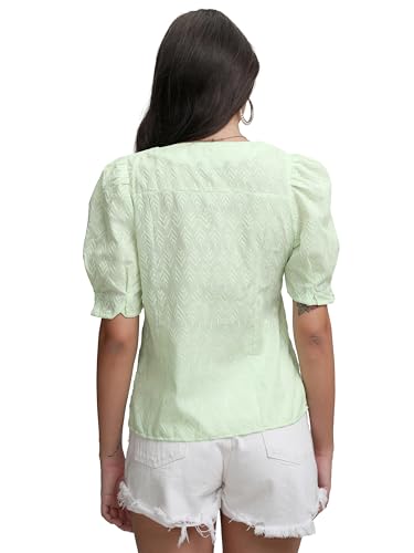 Image of Tokyo Talkies Women's Elegant Embroidered V-Neck Shirt | Button-Front with Short Puff Sleeves for A Chic Look | Tops for Woman | Women Tops | Stylish Top