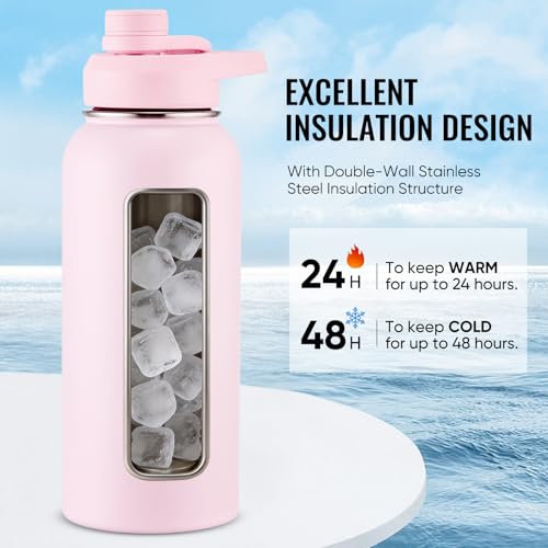 Image of Fijinhom Insulated Water Bottle with Handle, 304 Stainless Steel Water Bottles with Wide Mouth, Double Wall Vacuum Sports Water Bottle, BPA Free, Keep Cold and Hot, 32 Ounces Pink