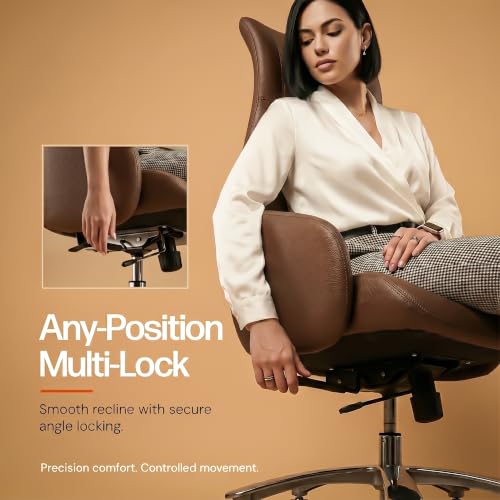 Image of DROGO Calista Ergonomic Office Chair for Work & Home with Premium Vegan Leather | Executive Boss Chair with 5 Cm Seat Depth Adjustment | 3-Point Tilt Recline Lock | Heavy Duty Metal Base (Brown)