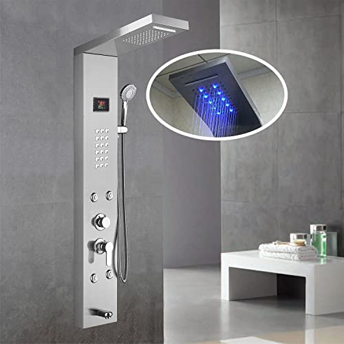 Panel de ducha con 6 funciones, sistema de ducha LED, cabezal de ducha tipo cascada, ducha de mano, 4 chorros, boquilla de baño, acero inoxidable 304, color plateado