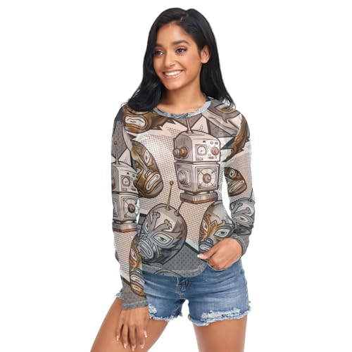Camicetta sexy da donna a maniche lunghe, casual, taglia S, Lucha Libre Robot Retro Comic Pattern, Large
