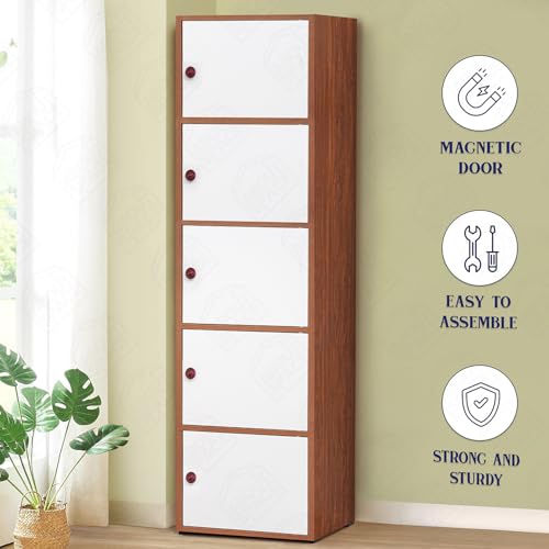 Image of ABOUT SPACE Wooden Cabinet - 5 Tier Storage Cabinet for Living Room with Magnetic Door, Space Saving Book Self for Home, Engineered Wood Kitchen Crockery Unit (Oak Red - L 38 x B 38.5 x H 165.5 cm)