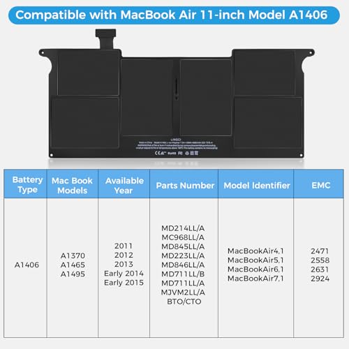 Image of A1465 Battery,A1406 Battery Replacement for MacBook Air 11 inch A1370 (Mid 2011) A1495(Mid 2011 2012 2013 Early 2014 2015) (Upgraded High Performance 35Wh 7.3V 4680mAh)
