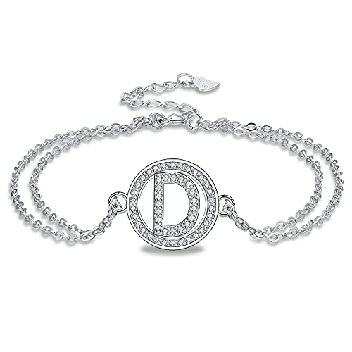 Micory Letra Inicial de la A a la Z Pulsera, Plata de Ley 925 Circonita Iniciales Pulseras, Ajustable de 16+3cm Cover