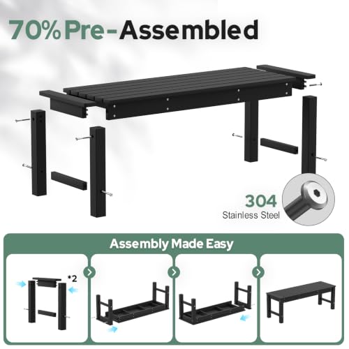 Image of Psilvam HDPE Outdoor Bench, 2-Person Backless Garden Bench, Black