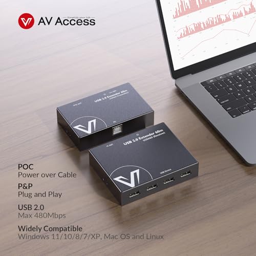 Image of AV Access USB Extender Power Over Cable Cat5e /6 /6a /7 up to 196ft /60m, 4 Ports USB 2.0 Extender Over Ethernet, Plug and Play, Supports All Operating System(Power on TX Side)