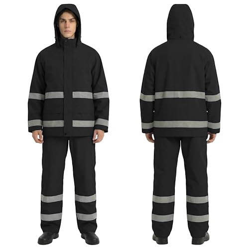 Image of Men's Hi Vis Waterproof Rain Suit, PU-Coated Nylon Workwear | Jacket & 2-In-1 Bib Pants, Reflective Tape, Taped Seams, Stowable Hood, Cargo Pockets, Reinforced Panels, Construction