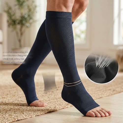 Image of MGANG Knee High Compression Socks 20-30mmHg for Varicose Veins, Open Toe | Graduated Compression, Circulation, DVT, Swelling, Nurses, Pregnancy, Standing, Office, Flight, Travel, Running, Recovery