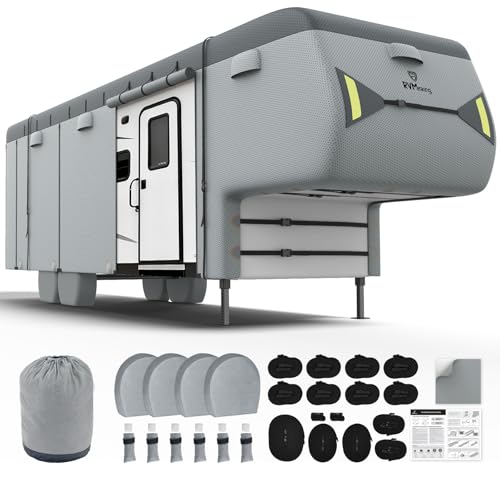 RVMasking 5th Wheel RV Cover 401-43 Heavy Duty 7 Layers Top Fifth Wheel Cover with 4 Tire Covers Windproof Rip-Stop Anti-UV Trailer Cover Dark Gray