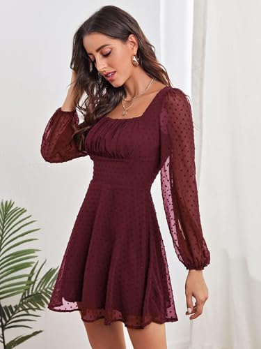Image of Women's Polka Swiss Dots Square Neck Dress Lantern Long Sleeve Dress for Women Chiffon Mini Dress