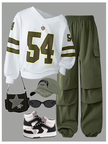 Image of SweatyRocks Girl's 2 Piece Outfits Jersey Y2K Baggy Shirts Graphic Sweatshirt and Cargo Pants Set