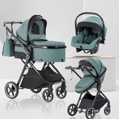 Lnhcrbs Cochecito Bebe 3 Piezas con Capazo, Sistema de Viaje's Capazo es Plegable, Carrito de Bebé Mang es Ajustable, las Ruedas son de Material PU, para 0-3 Años-Azul verdoso Lnhcrbs Cochecito Bebe 3 Piezas con Capazo, Sistema de Viaje's Capazo es Plegable, Carrito de Bebé Mang es Ajustable, las Ruedas son de Material PU, para 0-3 Años-Azul verdoso