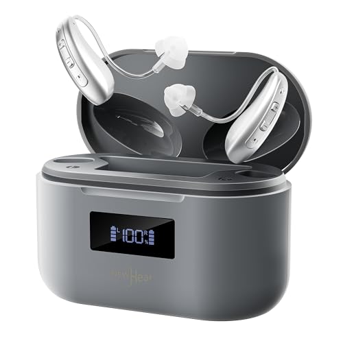 Rechargeable OTC Hearing Aids for Seniors & Adults （NewHear ）16-Channel Digital Sound, Smart Noise Cancellation, Super Mini Invisible BTE Design, Charging Case, 5-Day Battery, Light Gray