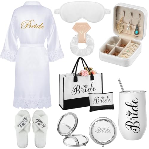JaGely 9 Pcs Bride Gifts Set Bride Shower Bachelorette Gifts with Wine Tumbler Robe Bag Eyemask Scrunchie Jewelry Box