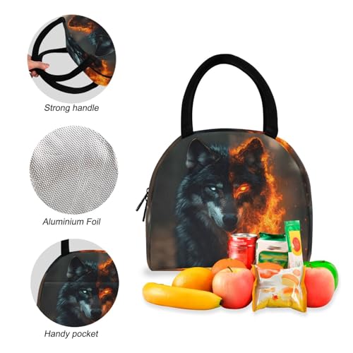 Backpack Lunch Box Set Large Capacity Travel Backpacks and Insulated Lunch Bag for Commute Hiking Picnic Wolf with Flame Print4