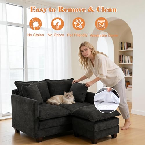 Image of Loveseat Sofa with Ottoman, 50'' Modern L-Shape Cloud Couch Sofa Loveseat with 22'' Ottoman for Small Space Apartment Office Living Room Bedroom 8834-BLACK-L-1