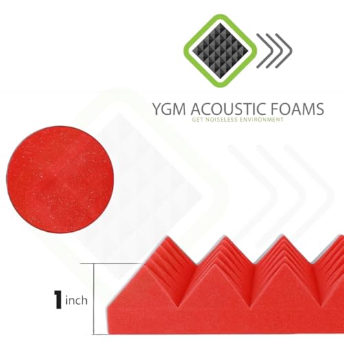 Image of YGM Acoustic Foams Pyramid Acoustic Panels 1 Foot x 1 Foot x 1 inch Thick | 50 Density Acoustical Sound Proof Foam for Room & Studio | Echo Reduction & Noise Absorption (Red, Set of 72)