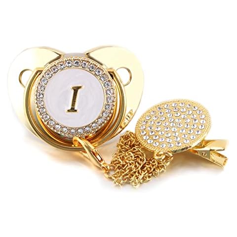 Carolilly Dummy Pacifier for Baby 0-6 Months BPA Free Soother Gold Pacifier Intial Letters + Clips + Anti-Dust Cover (Gold I, 0-6 Months) Cover
