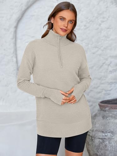 PRETTYGARDEN Womens Long Sleeve Quarter Zip Pullover Sweater Casual Loose V Neck Collared Ribbed Knit Jumper Tops Thumb Hole4