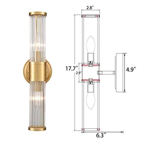 Image of Mid-Century Wall Sconces Brass Glass Rod Wall Light 2-Light Vanity Wall Lights Fixtures for Bedroom Hallway Living Room