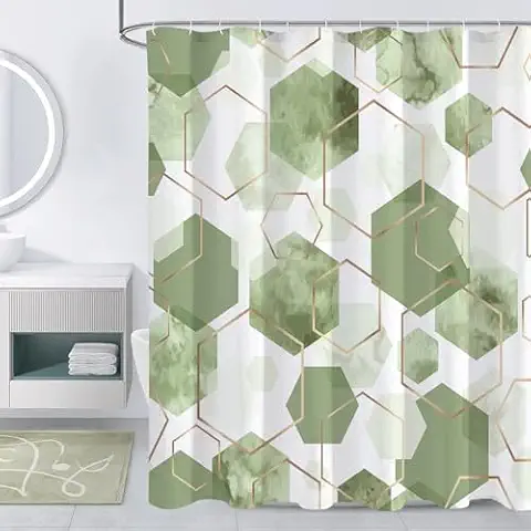 Litabel Sage Green Modern Shower Curtain for Bathroom, Geometric Art Decor Waterproof Bath Curtain, Abstract Fabric Shower Curtain Sets Cover