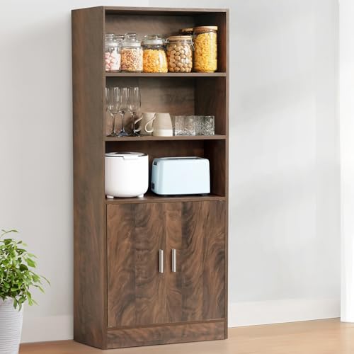 Image of ABOUT SPACE 5 ft Kitchen Cabinet - 5 Tier Wooden Storage Cabinet with 3 Open Shelves & 2 Magnetic Door Crockery Cabinets, Easy to Assemble for Home Living Room (Walnut - L 57 x B 25.5 x H 158 cm)