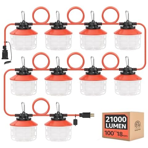 Omlite 100FT Construction String Lights：150W 21000LM Linkable Super Bright LED String Work Lights for Construction Sites Temporary Work Jobsite IP65 Waterproof 18AWG Wire Work Light with Cage Cover