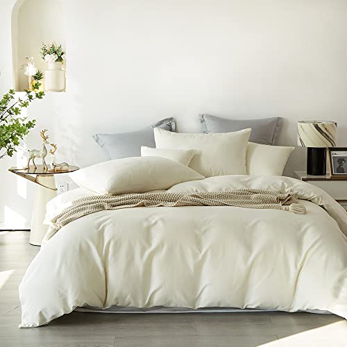 Sedefen Housse de Couette 200x200 cm Blanc crème Couleur Unie - Parure de Lit 2 Personnes avec Fermeture Éclair - Housse Couette en Microfibre avec 2 Taie d'oreiller 65x65 cm
