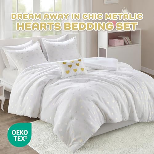 Image of Intelligent Design Queen Comforter Set, 4 Piece Metallic Hearts Bedroom Set for Girls, Queen Bed Set Soft Plush Comforter, Rosalie All Season Fluffy Bedding Set, Full /Queen, White /Gold 4 Piece