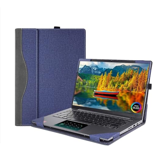 Housse Asus Zenbook 14 OLED en cuir bleu avec porte-stylo