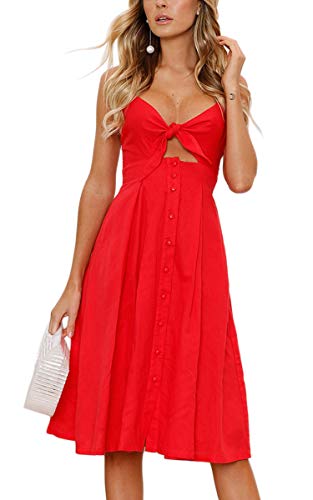 ECOWISH Womens Dresses Summer Tie Front V-Neck Spaghetti Strap Button Down A-Line Backless Swing Midi Dress Red M