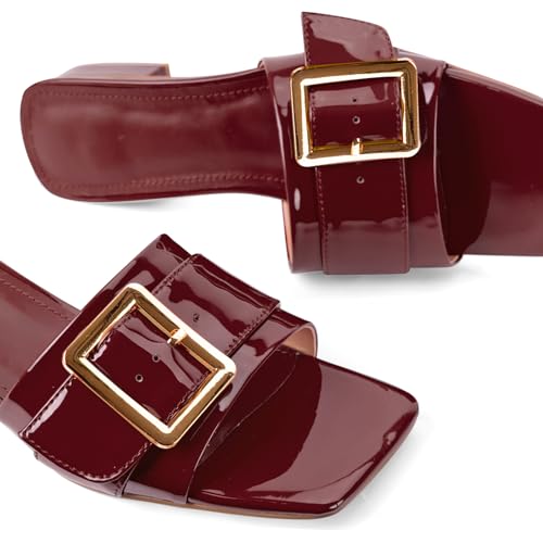 Image of Women's Slide Heeled Sandals Opened Square Toe Chunky Block Heel Slippers with Buckle Slip on Casual Comfortable Pumps