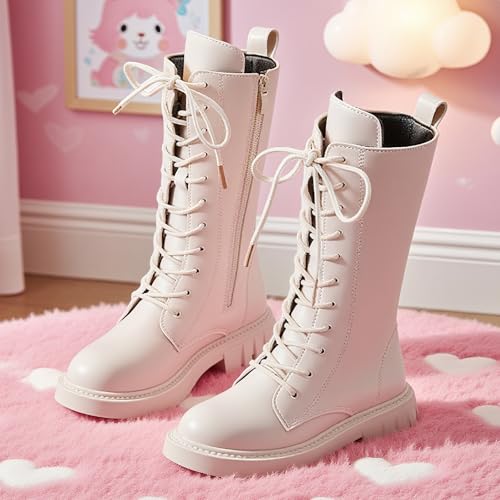 White Boots for Girls,Girls White Lace Up Riding Boots Mid Calf Combat Boot PU Leather Side Zipper Punk Goth 11-12 Year Old Girl Boot2
