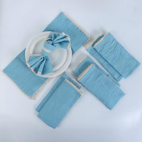 Image of FINGERCRAFT Cloth Napkins Set of 8, 20x20 Inch, Soft Cotton Muslin Dinner Napkins with Lace Edge, Reusable Washable Table Napkins for Wedding, Party, Dining & Home Decor (Aqua Marine)