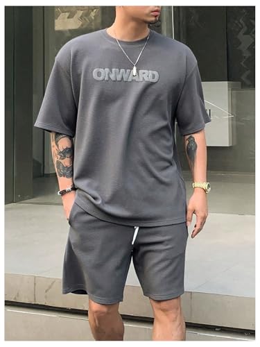 Verdusa Men's 2 Piece Summer Tracksuit Drop Shoulder Graphic Tees and Casual Shorts with Pockets3