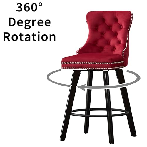 Image of YITAI Modern Swivel Set of 4 Velvet Barstools with Large Backrest and Sturdy Metal Footrest,Button Tufted Rivet Trim Dining Room Chairs with Metal Pull Ring for Kitchen Island,Home Bar,Bistro, Red