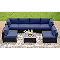 YOCONYO 7 Pieces Patio Furniture Sets, Outdoor Furniture Patio Conversation Set, All Weather PE Rattan Sectional Sofa with Cushions and Glass Table (Coffee-Dark Blue,7 Pieces-S)