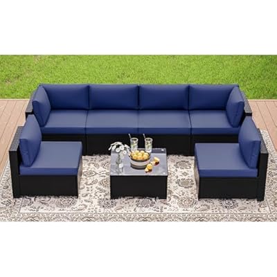 YOCONYO 7 Pieces Patio Furniture Sets, Outdoor Furniture Patio Conversation Set, All Weather PE Rattan Sectional Sofa with Cushions and Glass Table (Coffee-Dark Blue,7 Pieces-S)