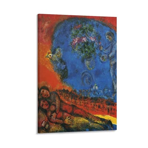 Impression sur toile Marc Chagall Couple sur fond rouge 60x90 cm pour salon