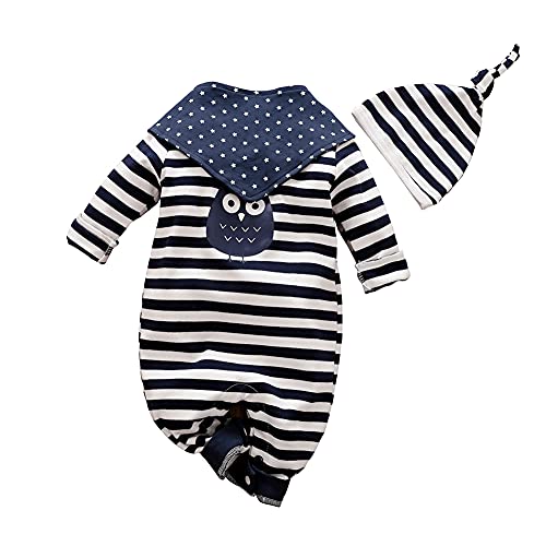 IURNXB 3 piezas bebé ropa mameluco manga larga raya mono búho con sombrero babero babero