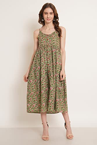 Image of COTLAND Fashions Jaipuri Cotton Printed Flared Strappy Midi A-Line Dress For Women (Meadow Mist) Medium