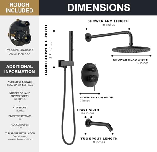 Image of Lava Odoro Modern 3-Setting Round Rain Bathtub and Shower Faucet Set, Black Rainfall Shower Head and Handle Set, Rain Shower System with Tub Spout, Shower Valve Trim Kit, Matte Black, SF104-MB-T