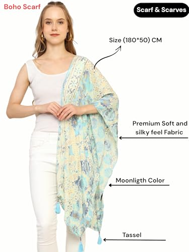 Image of KE KANHA EXPORT Women Scarf|Stole For Women|Scarf For Women Stylish|Stall For Women|Border Print Face Cover Head Wrap|Boho|Beach|Multicolor|180x50cm|Pack Of 1|FREE Scrunchie Included
