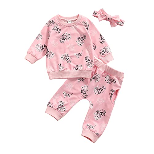 Hnyenmcko Newborn Baby Girl Clothes Set Floral Long Sleeve Sweatshirt Tops Long Pants Fall Winter Infant Outfits (Pink, 18-24 Months)