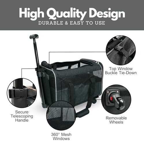 Pet Carrier with Wheels – Airline Approved – Rolling Pet Carrier – Soft Dog & Cat Travel Carrier – Small Dog Carrier – Removable Wheels – 17.5” x 12” x 12” – Black Pet Carrier with Wheels – Airline Approved – Rolling Pet Carrier – Soft Dog & Cat Travel Carrier – Small Dog Carrier – Removable Wheels – 17.5” x 12” x 12” – Black